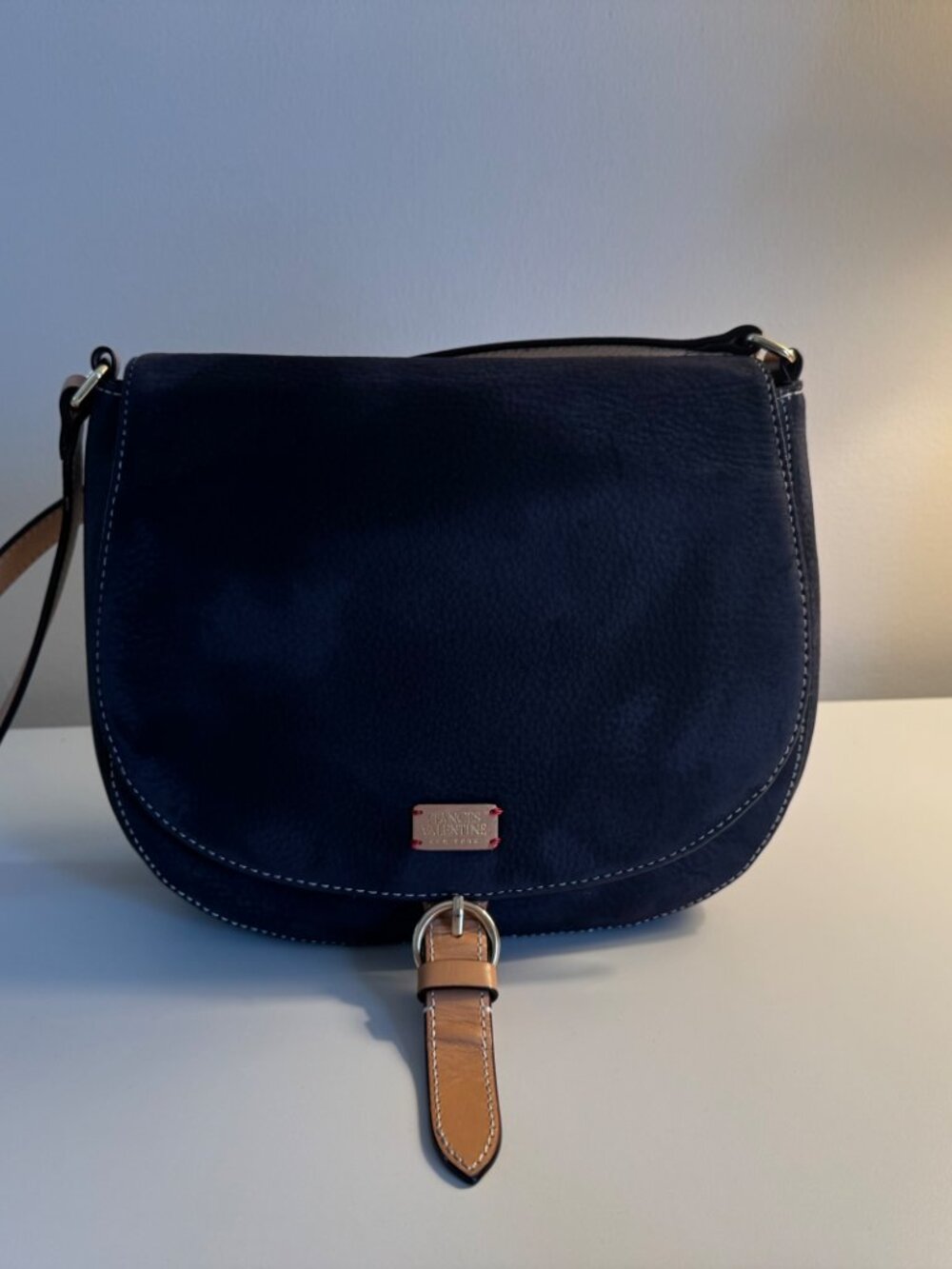 Frances Valentine Nubuck Crossbody Bag Navy with Tan Vachetta Leather Strap EUC